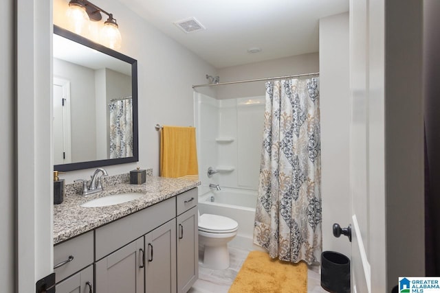 full bathroom with vanity, shower / bathtub combination with curtain, and toilet