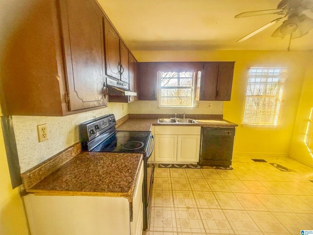 kitchen featuring sink, ceiling fan, and black appliances