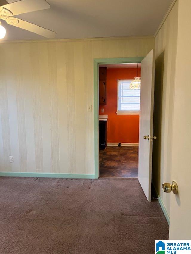 spare room with dark carpet, ornamental molding, ceiling fan, and wood walls