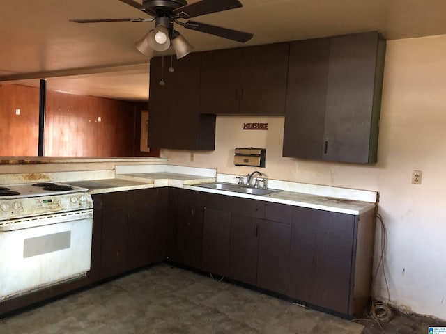 kitchen featuring dark brown cabinets, sink, white electric range, and ceiling fan