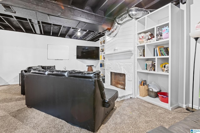 living room with carpet flooring and a premium fireplace