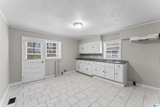 kitchen with white cabinetry, sink, a textured ceiling, and crown molding