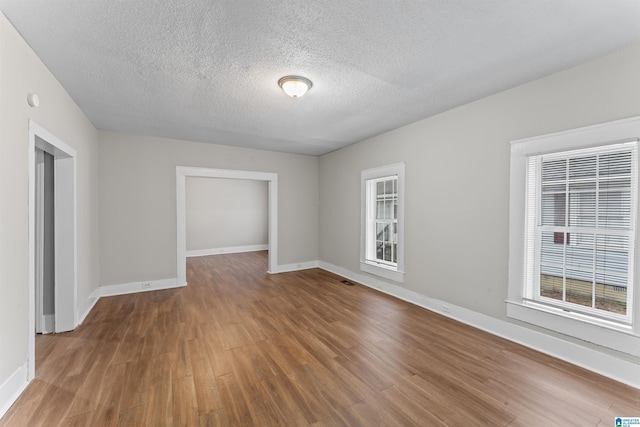 empty room featuring wood-type flooring, plenty of natural light, and a textured ceiling