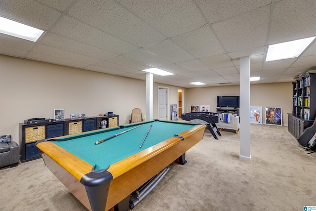 game room featuring a paneled ceiling, pool table, and carpet floors