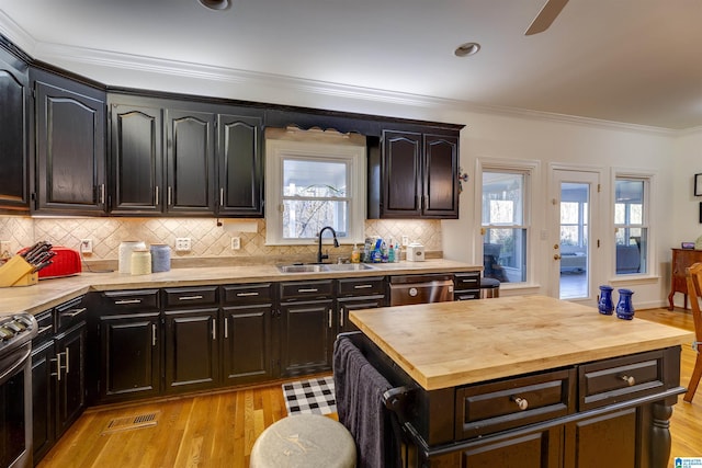 kitchen with sink, wooden counters, ornamental molding, appliances with stainless steel finishes, and light hardwood / wood-style floors