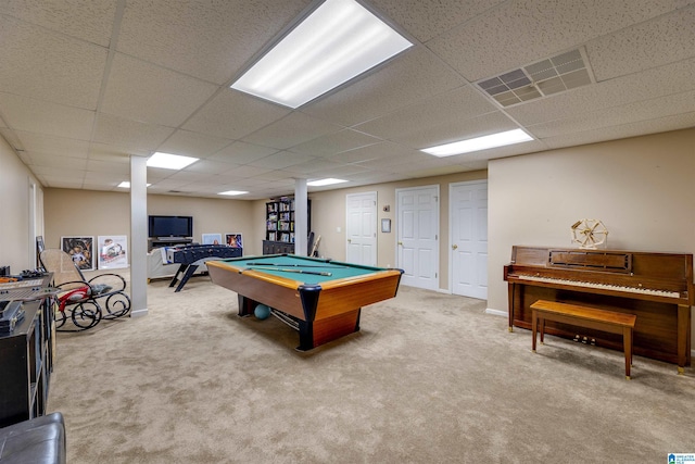 game room with carpet, pool table, and a drop ceiling