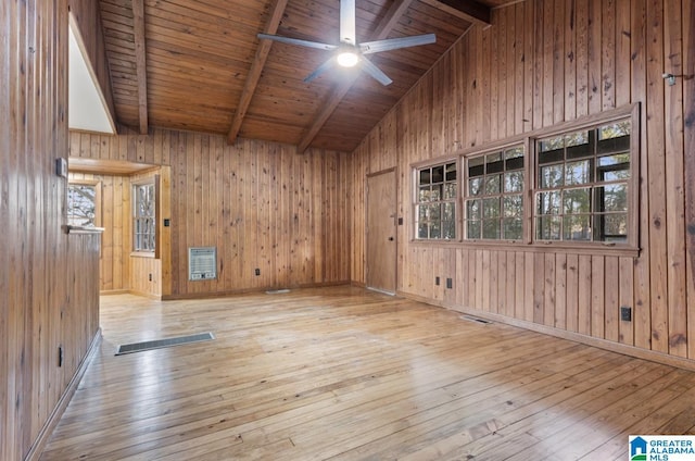 unfurnished room featuring wooden walls, ceiling fan, light hardwood / wood-style floors, wooden ceiling, and beam ceiling