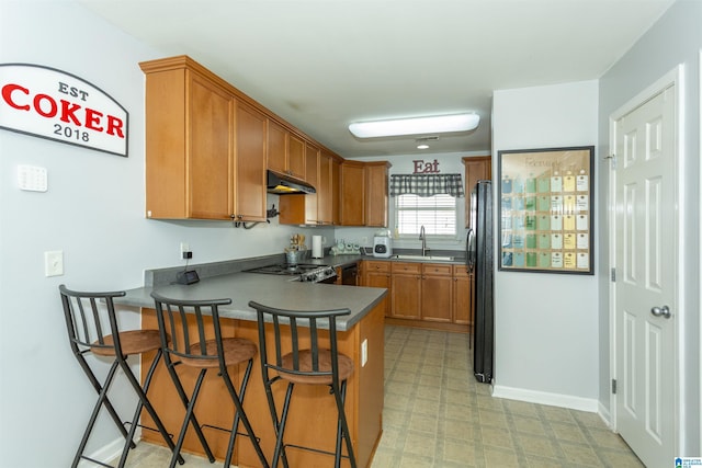 kitchen with sink, a breakfast bar area, kitchen peninsula, and range