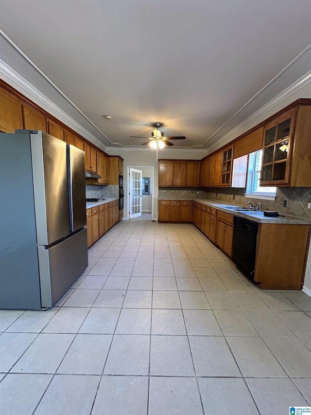 kitchen with stainless steel refrigerator, dishwasher, ornamental molding, light tile patterned flooring, and decorative backsplash