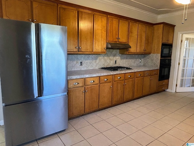 kitchen with decorative backsplash, ornamental molding, black appliances, and light tile patterned flooring