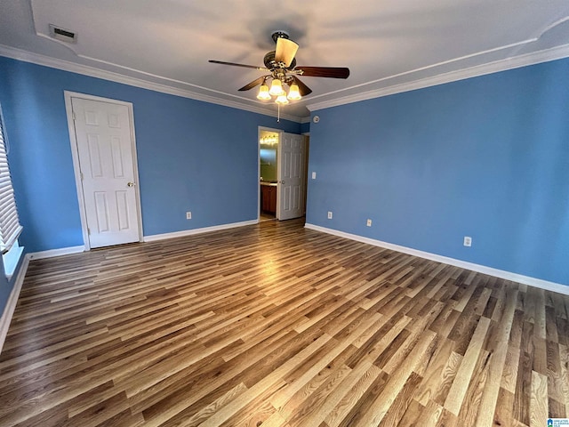 unfurnished bedroom with crown molding, ceiling fan, and wood-type flooring