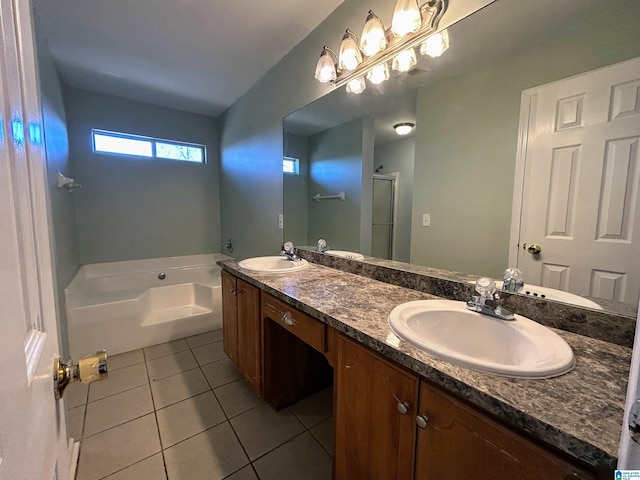 bathroom with vanity, independent shower and bath, and tile patterned flooring