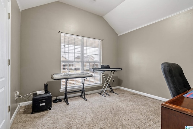 office with vaulted ceiling and carpet