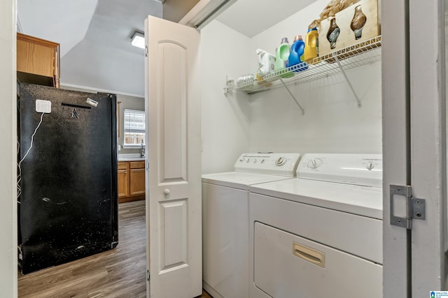 clothes washing area with hardwood / wood-style flooring and washing machine and clothes dryer