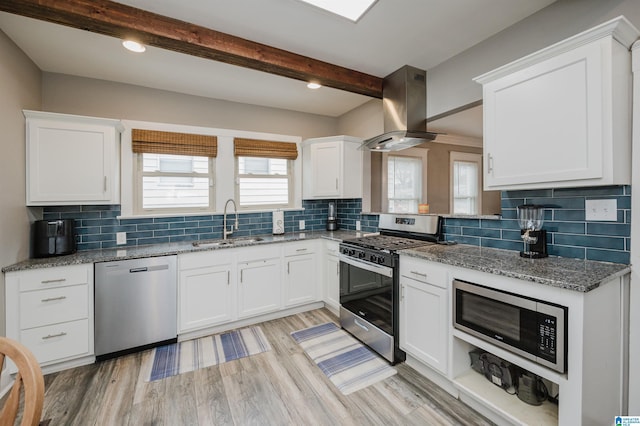 kitchen with appliances with stainless steel finishes, sink, island range hood, and white cabinets