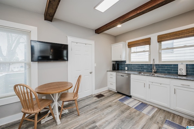 kitchen featuring white cabinetry, stainless steel dishwasher, sink, and decorative backsplash