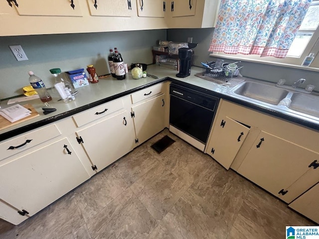 kitchen with white cabinetry, black dishwasher, and sink