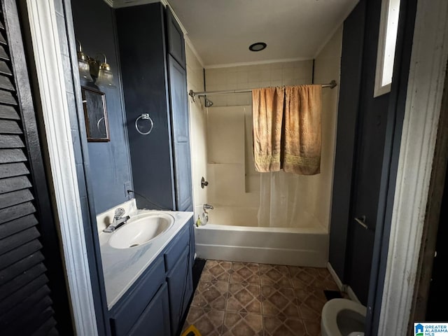 full bathroom with tile patterned flooring, vanity, toilet, and shower / bath combo with shower curtain