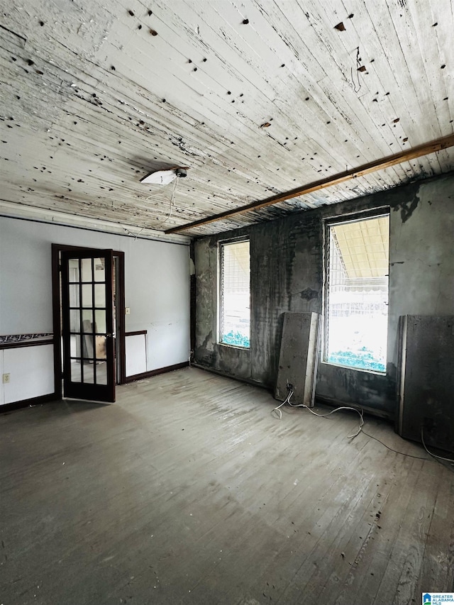 empty room featuring hardwood / wood-style flooring and wooden ceiling