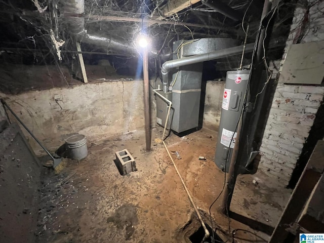 basement with electric water heater and heating unit