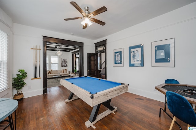 recreation room with ceiling fan, dark hardwood / wood-style flooring, and billiards