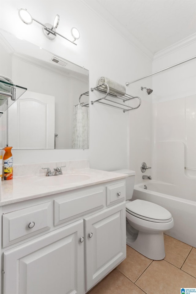 full bathroom with crown molding,  shower combination, vanity, tile patterned floors, and toilet