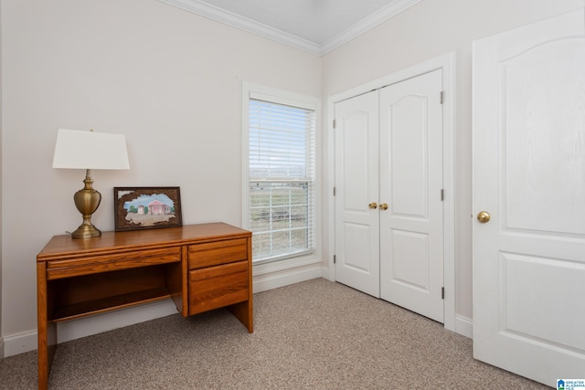 office space featuring ornamental molding and light carpet