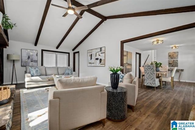 living room featuring dark wood-type flooring, ceiling fan, and lofted ceiling with beams