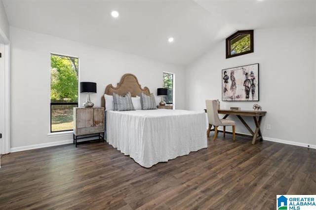 bedroom with dark hardwood / wood-style floors, vaulted ceiling, and multiple windows