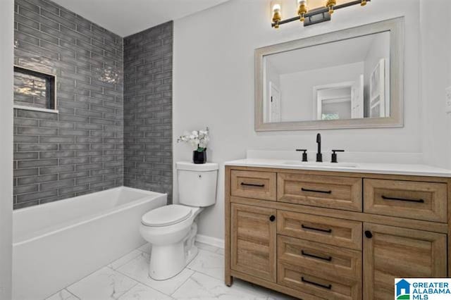 full bathroom with tiled shower / bath combo, vanity, and toilet