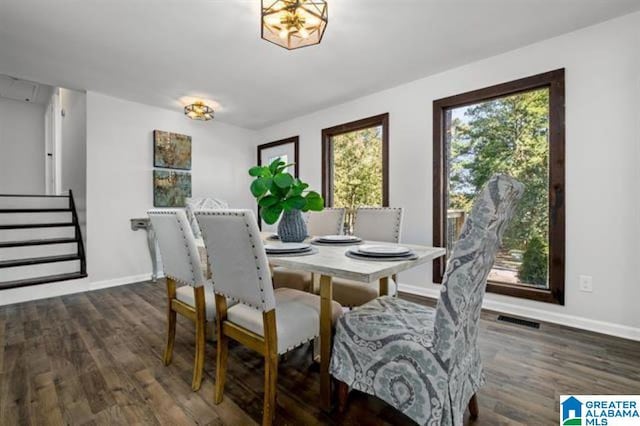 dining space with a wealth of natural light and dark wood-type flooring