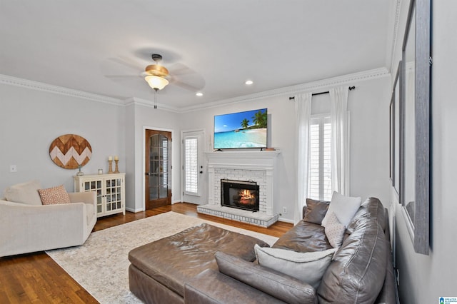 living room featuring wood-type flooring, ornamental molding, and ceiling fan