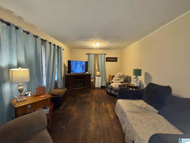 living area featuring a fireplace, ornamental molding, and wood finished floors