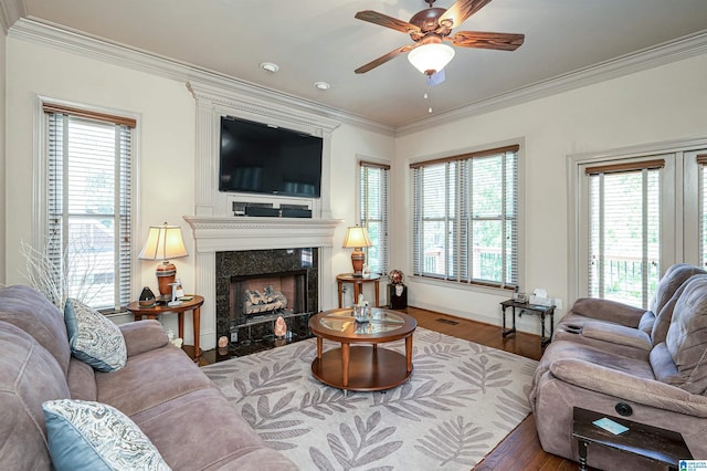 living room with crown molding, plenty of natural light, and a high end fireplace