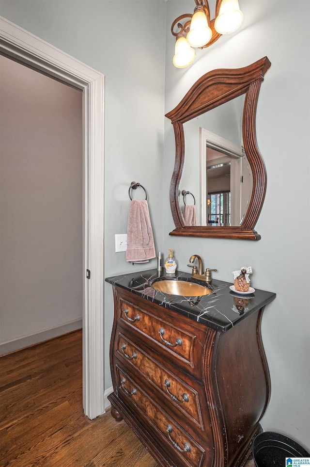 bathroom with wood-type flooring and vanity