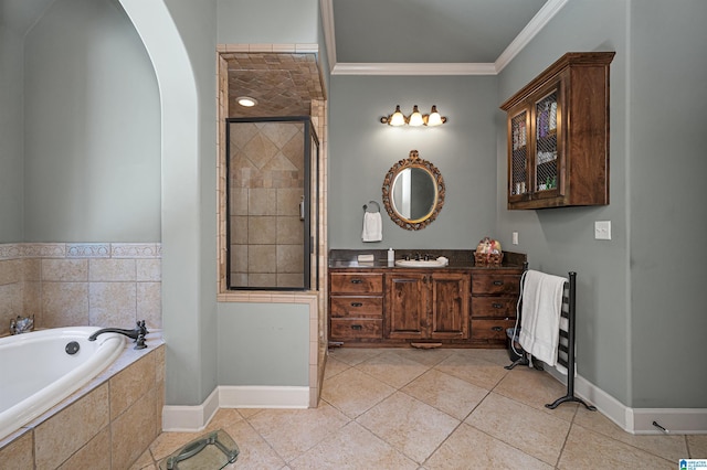 bathroom featuring independent shower and bath, ornamental molding, tile patterned flooring, and vanity