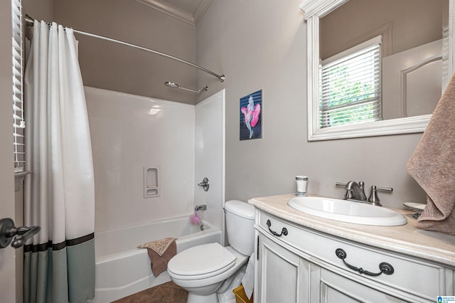 full bathroom with shower / tub combo, vanity, ornamental molding, and toilet