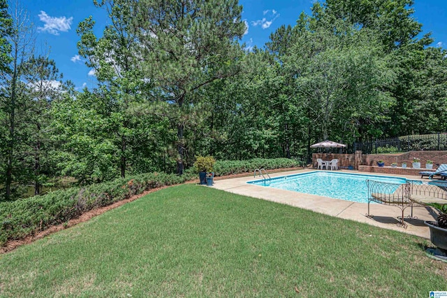 view of swimming pool featuring a patio area and a lawn