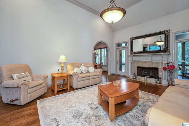 living room featuring lofted ceiling, crown molding, wood-type flooring, and a healthy amount of sunlight