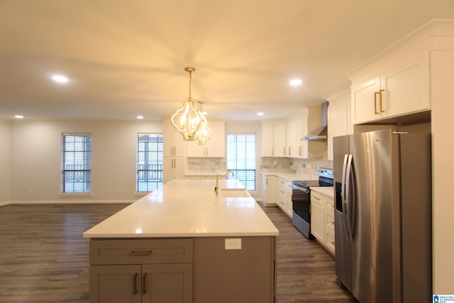 kitchen featuring appliances with stainless steel finishes, a kitchen island with sink, white cabinets, and decorative light fixtures