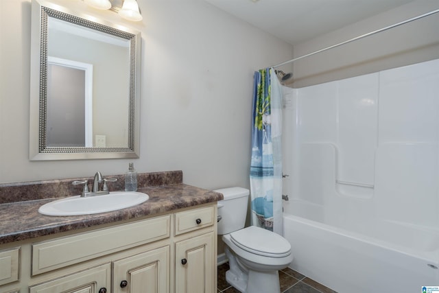 bathroom featuring tile patterned floors, shower / tub combo with curtain, toilet, and vanity