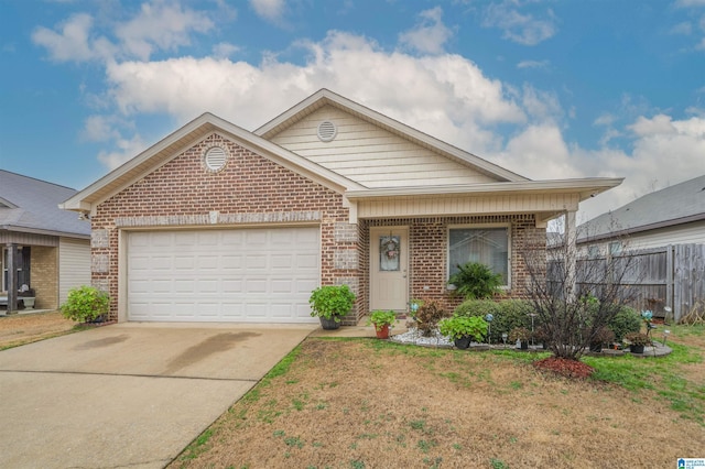 ranch-style house featuring driveway, fence, a front yard, an attached garage, and brick siding