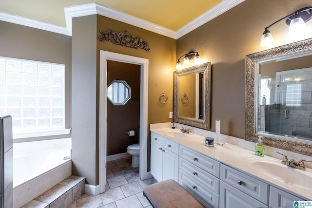 full bathroom with shower with separate bathtub, toilet, vanity, and ornamental molding