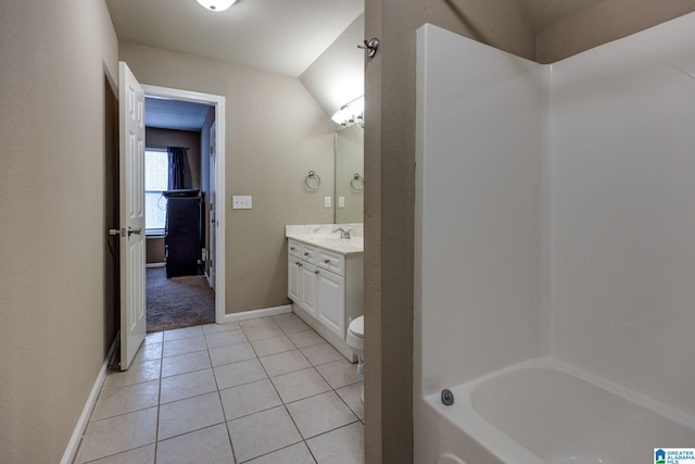 full bathroom with toilet, shower / washtub combination, tile patterned flooring, and vanity