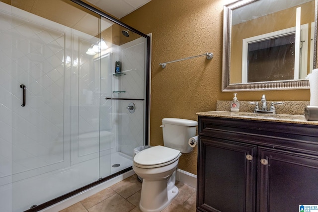 bathroom with vanity, an enclosed shower, toilet, and tile patterned floors