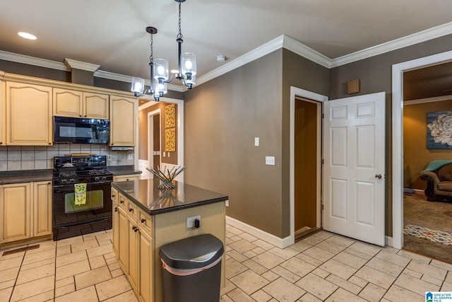 kitchen featuring a center island, pendant lighting, black appliances, ornamental molding, and tasteful backsplash