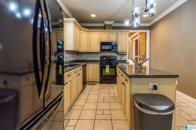 kitchen featuring black appliances, decorative backsplash, a center island, light brown cabinets, and ornamental molding