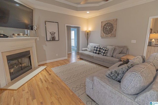 living room with hardwood / wood-style flooring, crown molding, and a tray ceiling