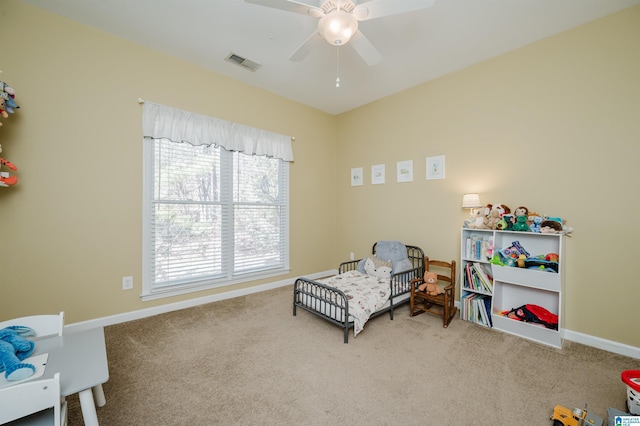 bedroom featuring carpet and ceiling fan