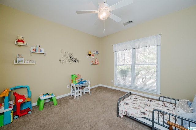 bedroom featuring carpet floors and ceiling fan